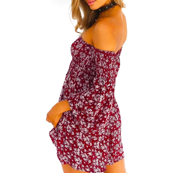Red Boho Floral Off The Shoulder Dress - Picture 3 of 6
